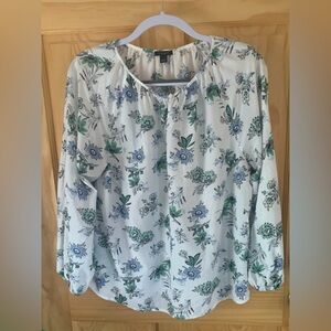 Ann Taylor Floral Breezy Blouse Keyhole Neck White Blue Green Cotton Blend Large